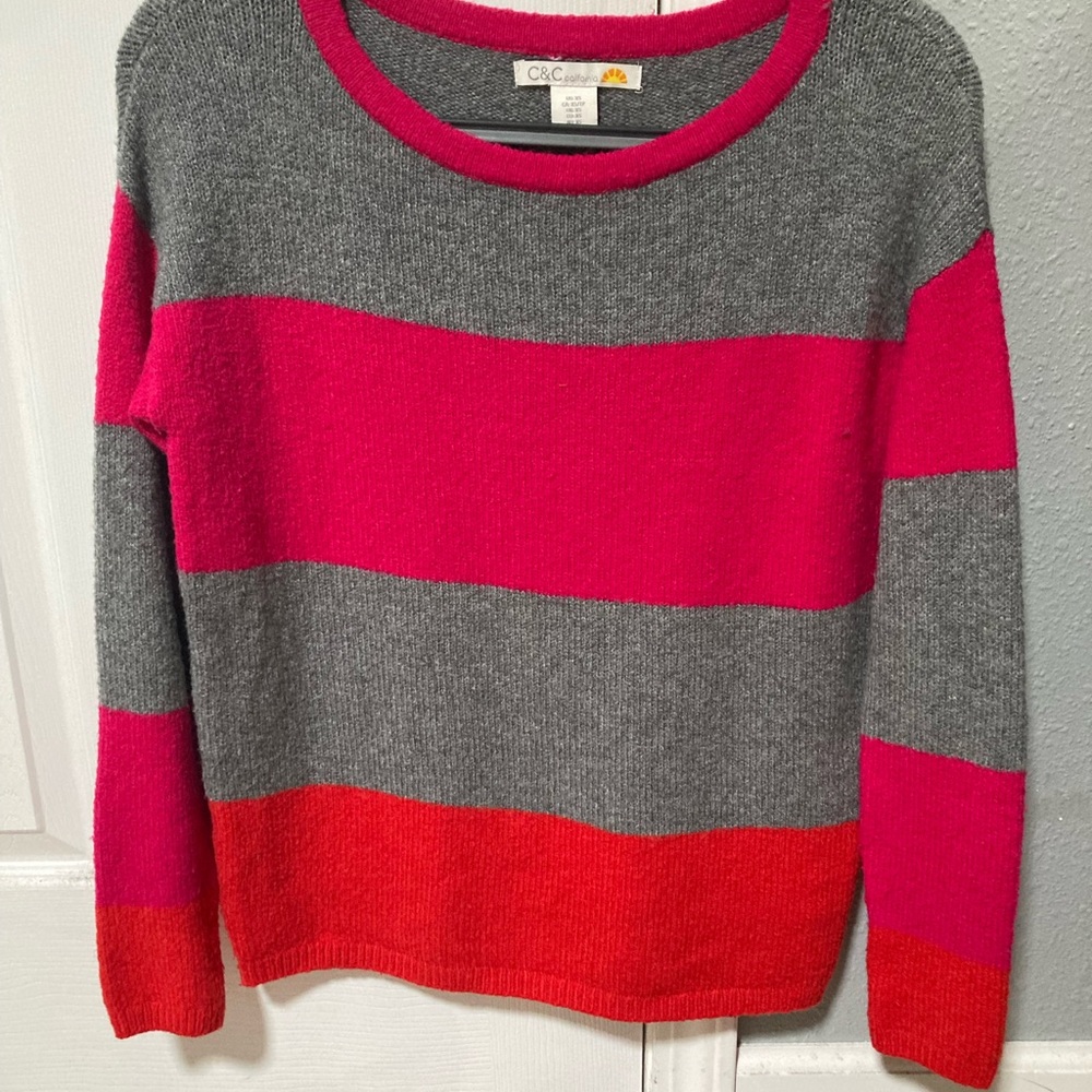 C&C California Red, Pink, and Gray Crew Neck Sweater
